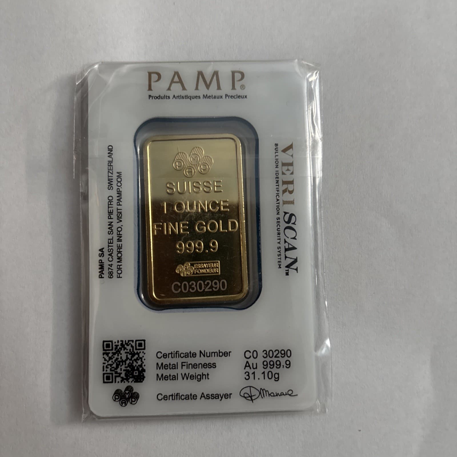 1 oz Gold Bar PAMP Suisse Lady Fortuna Veriscan (In Assay) .9999 Fine