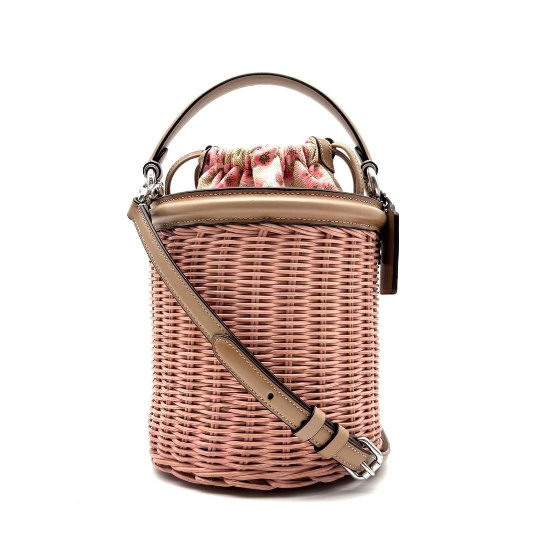 COACH Cherry Blossom Bucket Bag Straw Leather Basket Handbag Pink Women