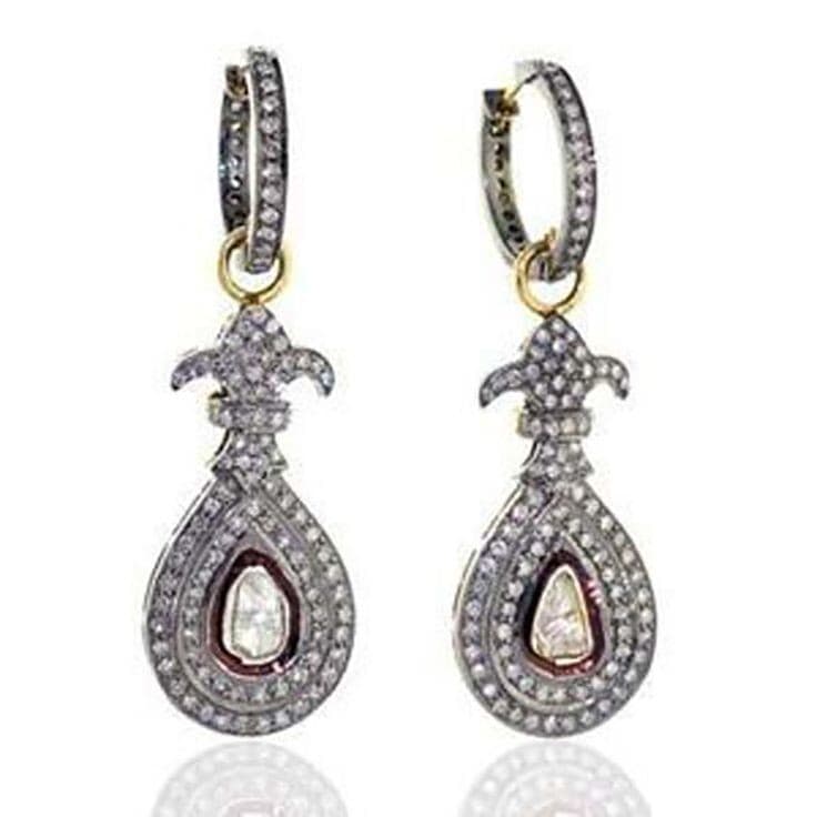 Natural Pave Diamond & Polki Diamonds Wedding Earrings Sterling Silver Jewelry