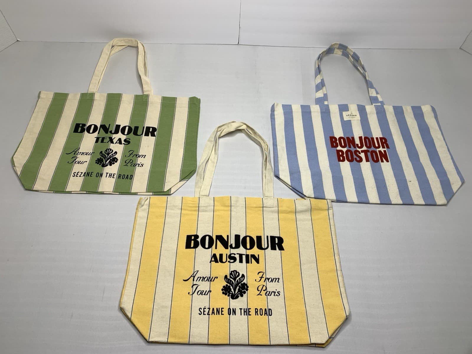 Lot of 3 Sezane On The Road Bonjour Shopper Tote Bags Texas Boston Austin P98