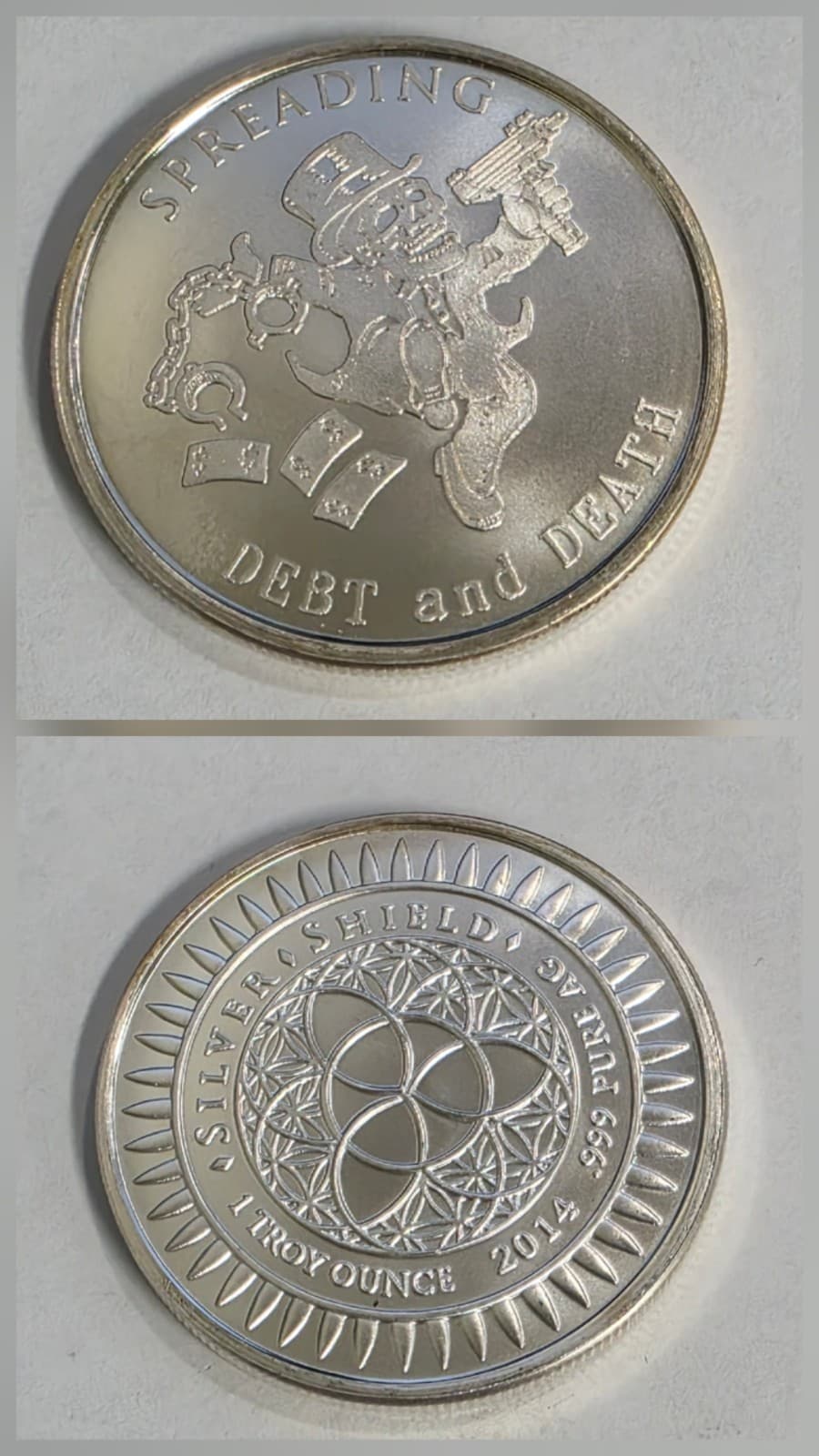 Silver Bullet Silver Shield Debt & Death 1 oz Silver .999 Round 2014 SBSS