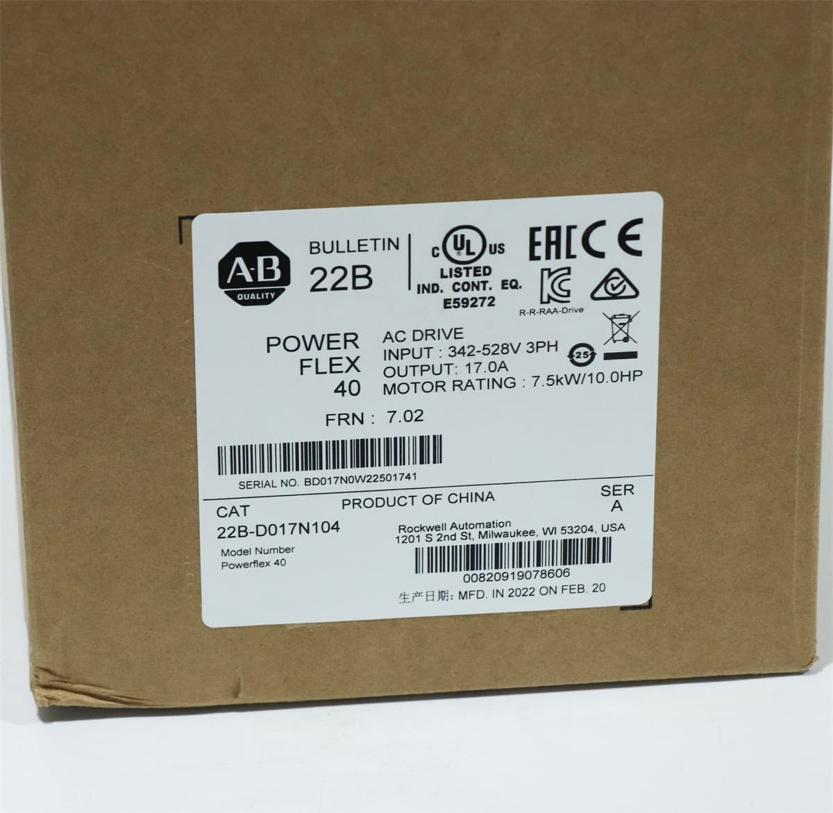 Free Shipping Allen Bradley SER/A PowerFlex 40 AC Drive 22B-D017N104 In Box