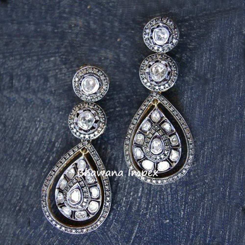 Natural Pave Diamond & Polki Diamonds Wedding Earrings Sterling Silver Jewelry