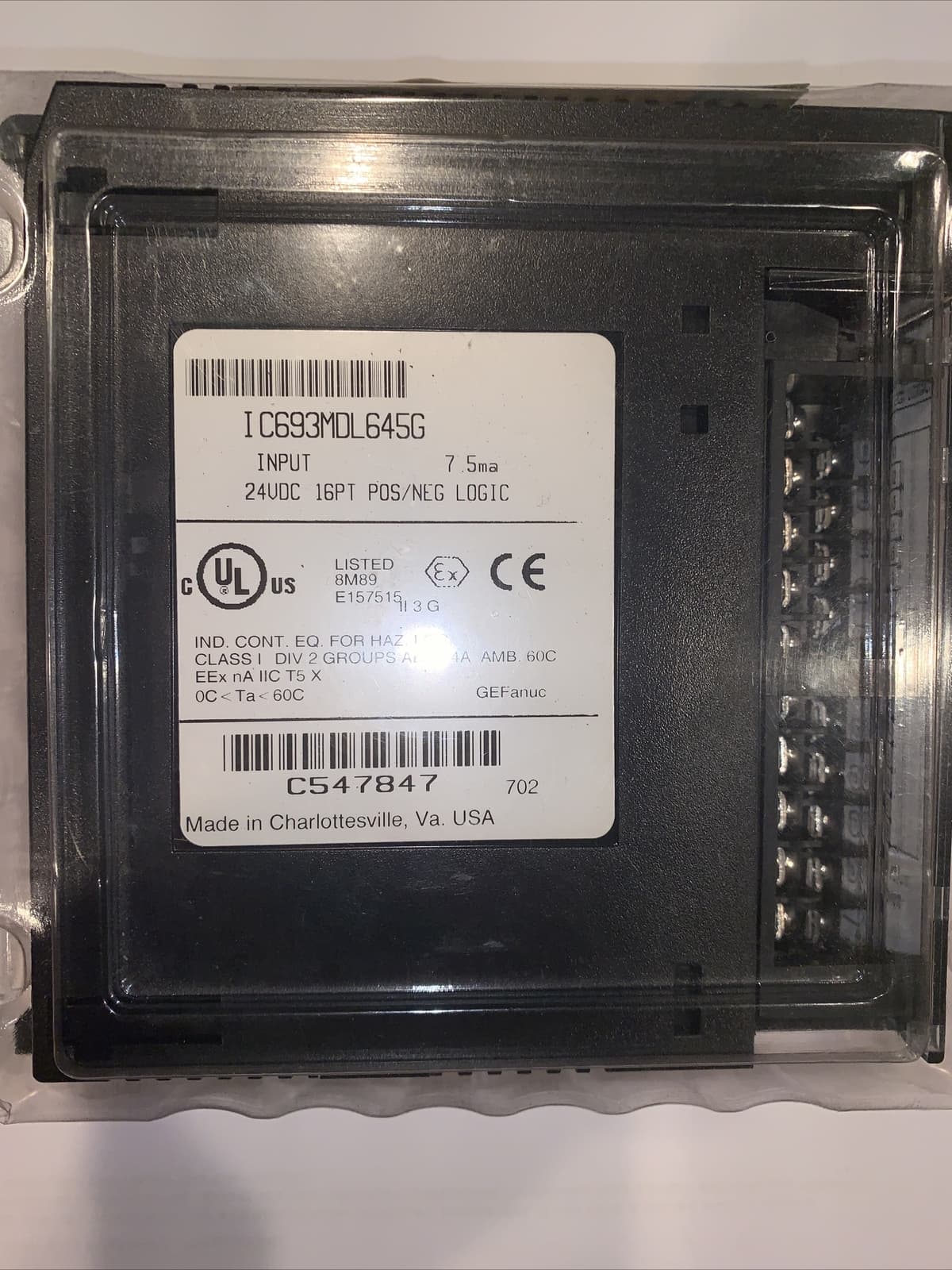 New - GE FANUC PLC M# IC693MDL645G INPUT MODULE 24VDC 16PT+- LOGIC