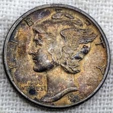 1945 Mercury Dime AU++ : Monster Tone, Almost Uncirculated - .9 Fine Silver Coin