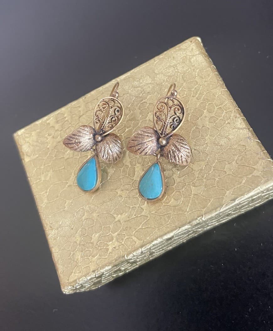 Rare Gold Textured Swirl Floral & Turquoise Victorian Vintage Dangle Earrings