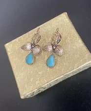 Rare Gold Textured Swirl Floral & Turquoise Victorian Vintage Dangle Earrings