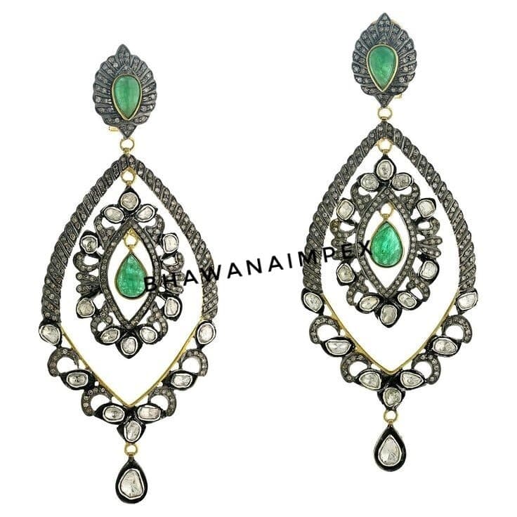 Natural Polki Diamond & Emerald Wedding Earrings Jewelry Sterling Silver Jewelry