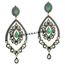 Natural Polki Diamond & Emerald Wedding Earrings Jewelry Sterling Silver Jewelry