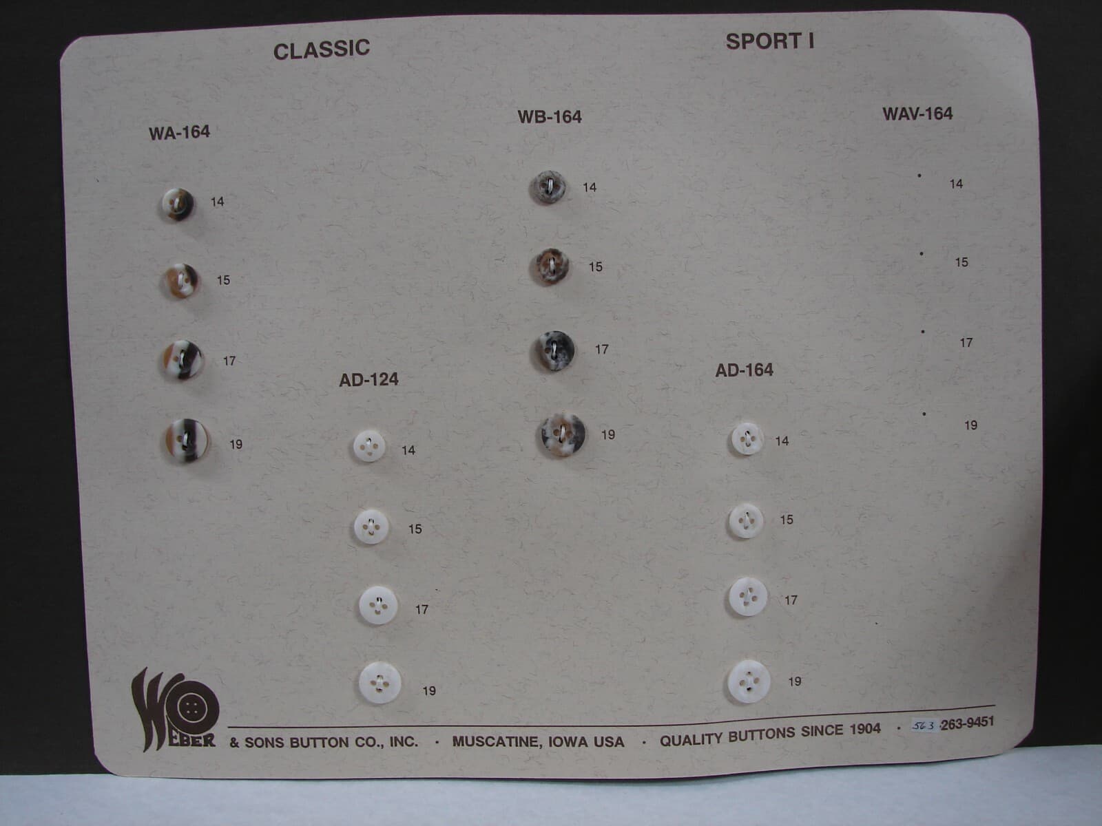 Weber Button Sellman Sample Card, Style Classic & Sport I Buttons   SC09