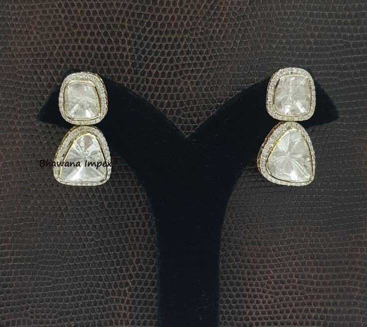 Natural Pave Diamond & Polki Diamonds Earrings Victorian Sterling Silver Jewelry