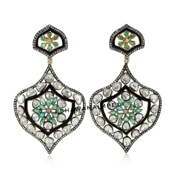 Natural Polki Diamond & Emerald Wedding Earrings Jewelry Sterling Silver Jewelry