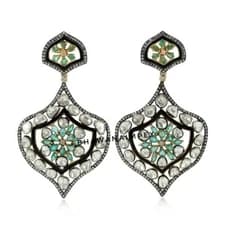 Natural Polki Diamond & Emerald Wedding Earrings Jewelry Sterling Silver Jewelry