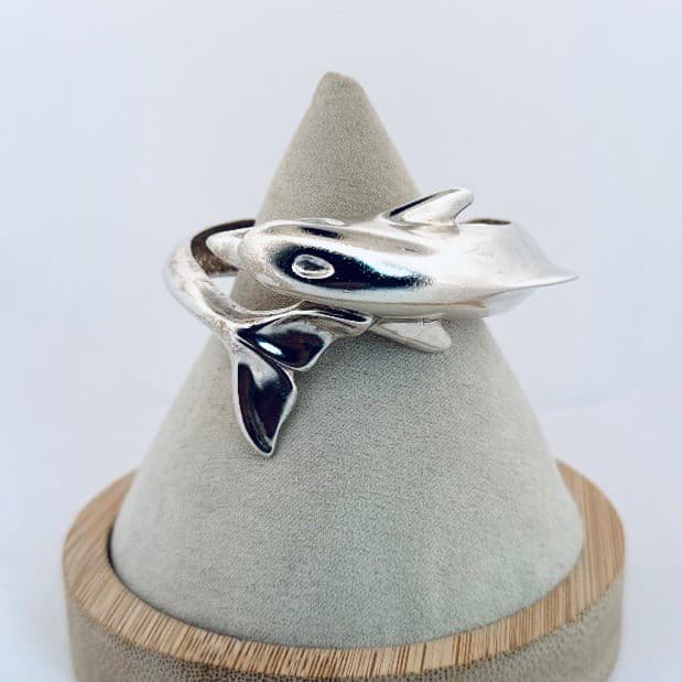 Estate Dolphin Cuff Bracelet 5.5” 925 Sterling Silver Coastal Ocean Jewelry Art