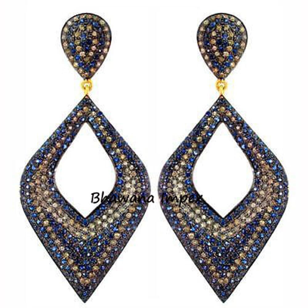 Natural Yellow Diamond & Blue Sapphire Earrings Jewelry Sterling Silver Jewelry