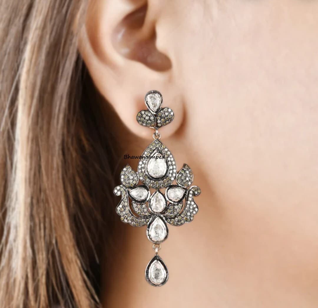 Natural Pave Diamond & Polki Diamonds Earrings Victorian Sterling Silver Jewelry